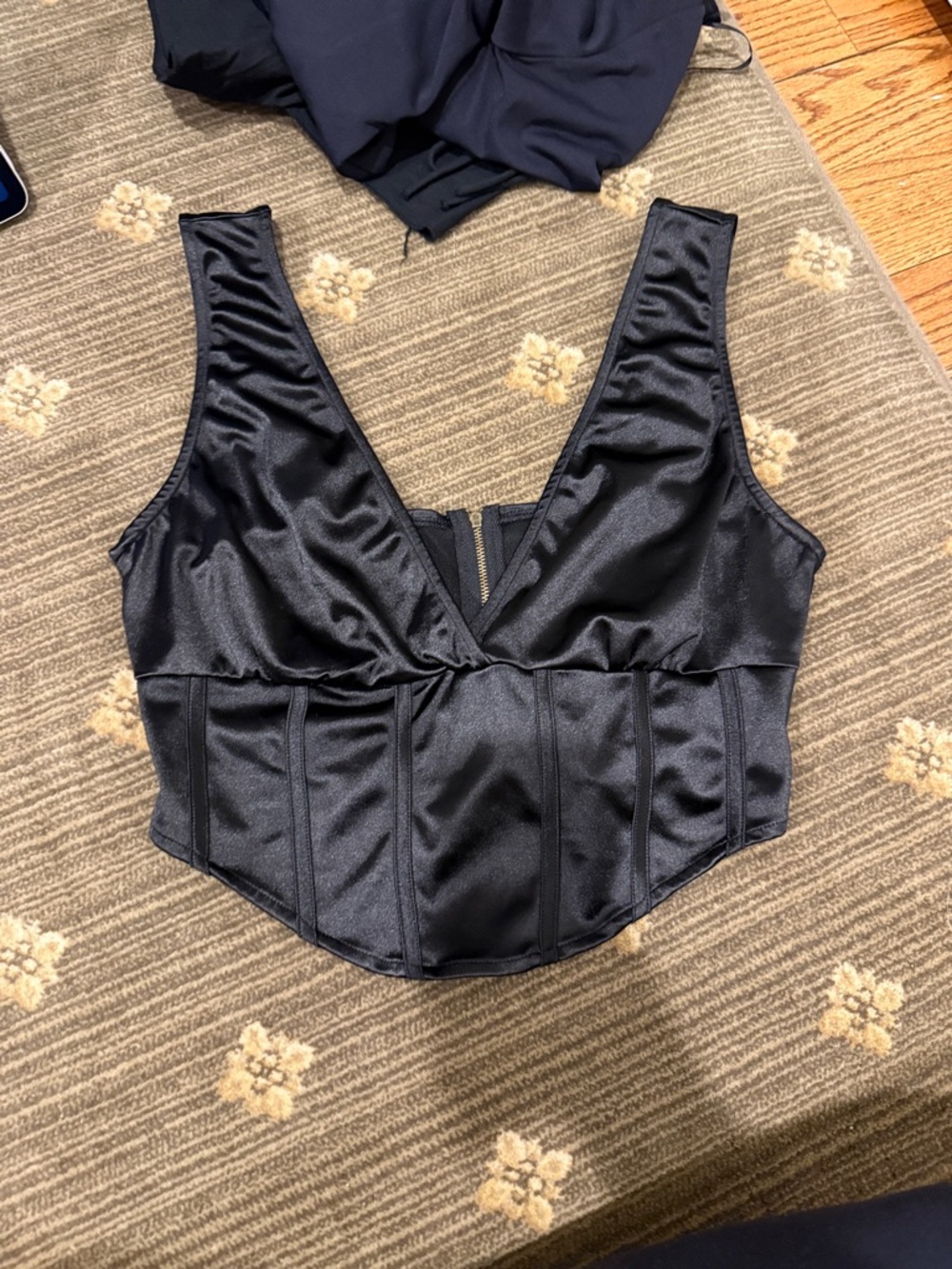 Satin V-Plunge Corset Crop Top in Black